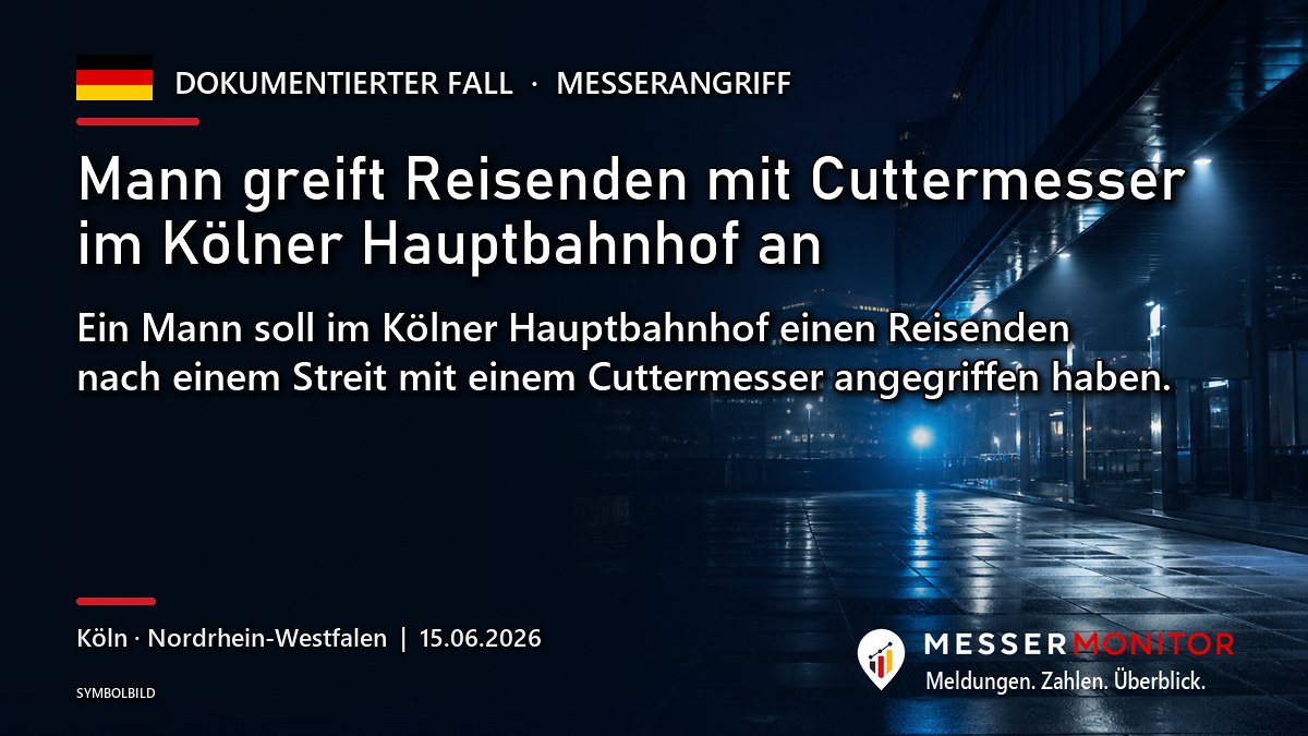 Titelgrafik: Mann greift Reisenden mit Cuttermesser im Kölner Hauptbahnhof an. Ein Mann soll im Kölner Hauptbahnhof einen Reisenden nach einem Streit mit einem Cuttermesser angegriffen haben..