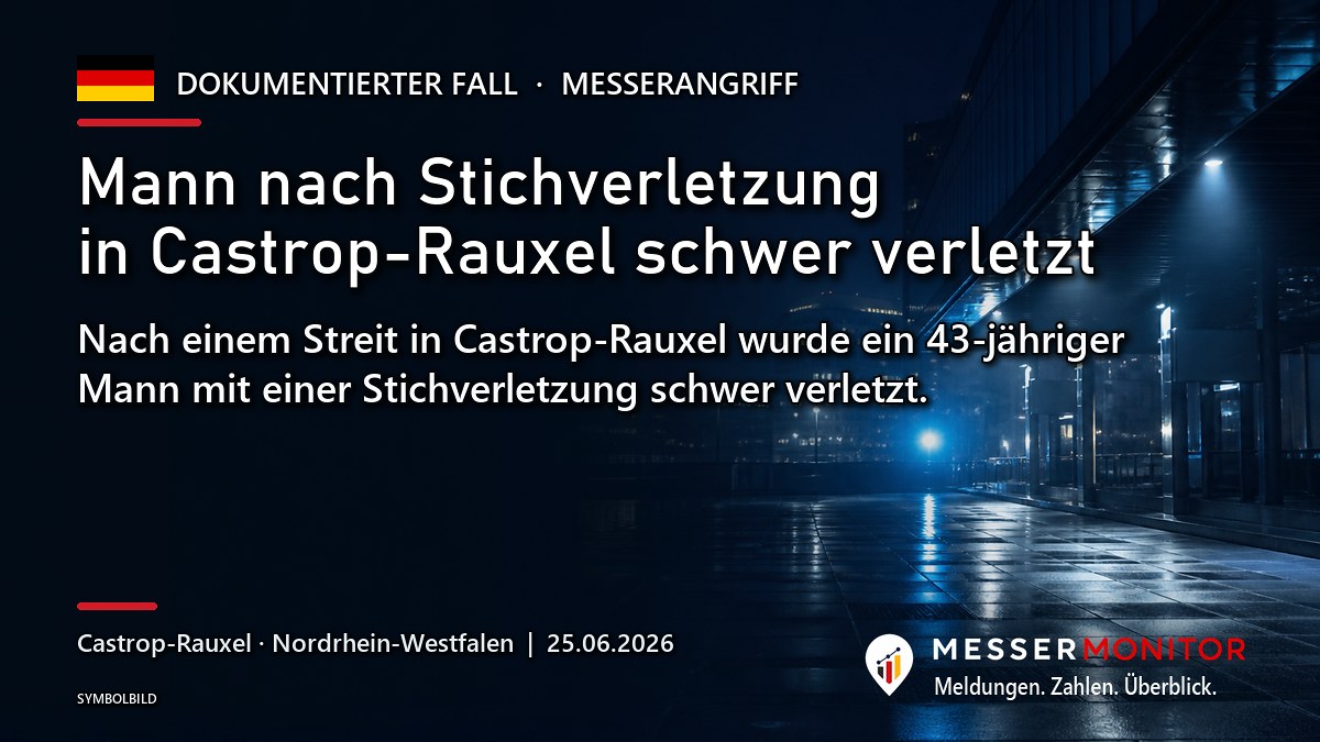 Titelgrafik: Mann nach Stichverletzung in Castrop-Rauxel schwer verletzt. Nach einem Streit in Castrop-Rauxel wurde ein 43-jähriger Mann mit einer Stichverletzung schwer verletzt..