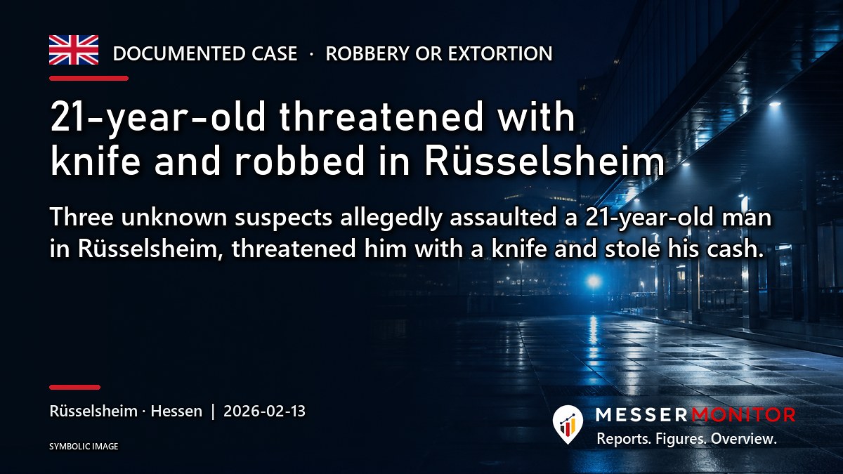 Title image: 21-year-old threatened with knife and robbed in Rüsselsheim. Three unknown suspects allegedly assaulted a 21-year-old man in Rüsselsheim, threatened him with a knife and stole his cash..