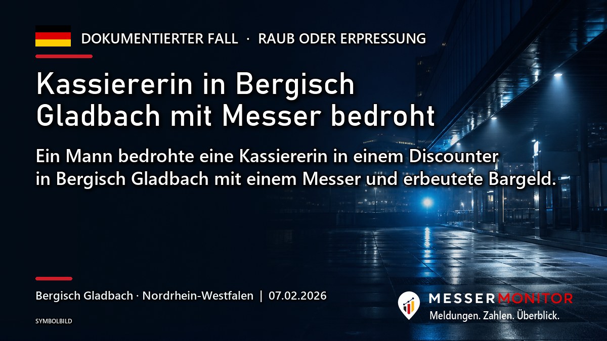 Titelgrafik: Kassiererin in Bergisch Gladbach mit Messer bedroht. Ein Mann bedrohte eine Kassiererin in einem Discounter in Bergisch Gladbach mit einem Messer und erbeutete Bargeld..