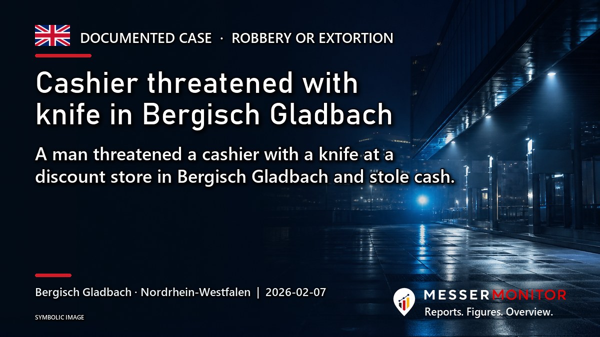 Title image: Cashier threatened with knife in Bergisch Gladbach. A man threatened a cashier with a knife at a discount store in Bergisch Gladbach and stole cash..