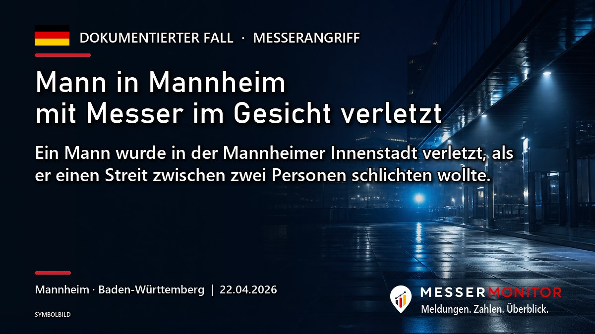 Titelgrafik: Mann in Mannheim mit Messer im Gesicht verletzt. Ein Mann wurde in der Mannheimer Innenstadt verletzt, als er einen Streit zwischen zwei Personen schlichten wollte..
