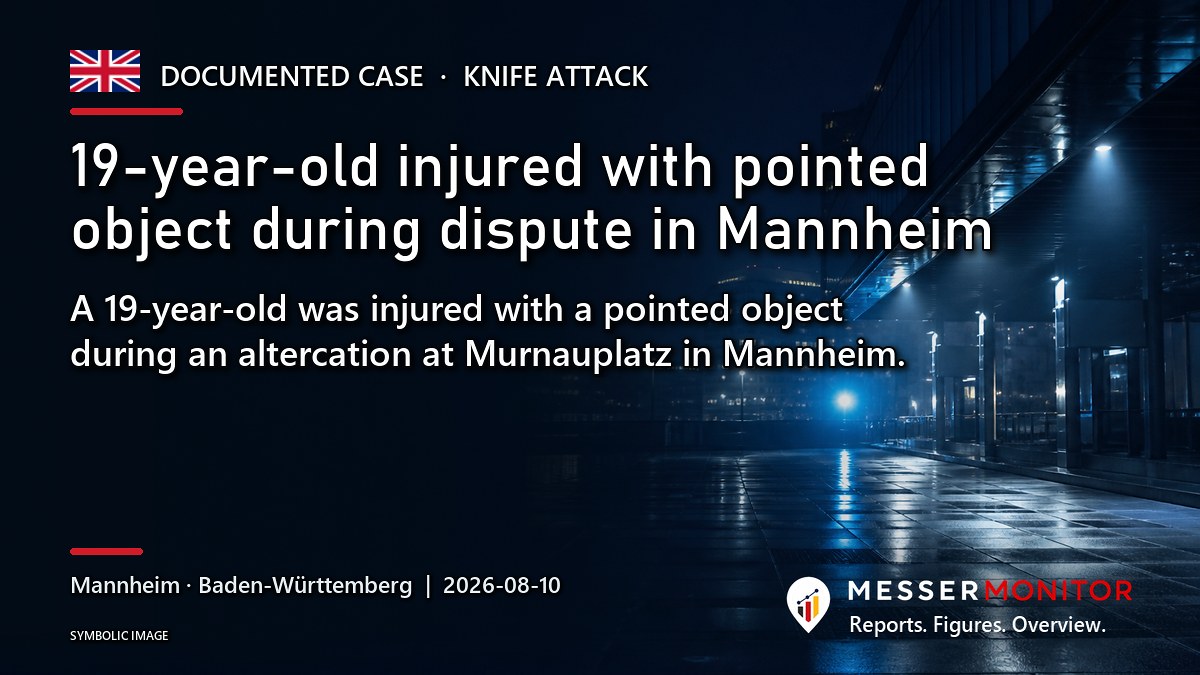 Title image: 19-year-old injured with pointed object during dispute in Mannheim. A 19-year-old was injured with a pointed object during an altercation at Murnauplatz in Mannheim..