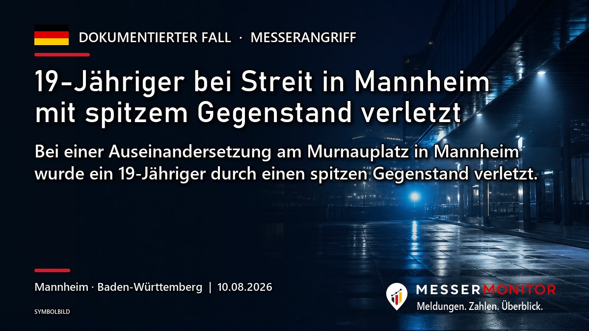 Titelgrafik: 19-Jähriger bei Streit in Mannheim mit spitzem Gegenstand verletzt. Bei einer Auseinandersetzung am Murnauplatz in Mannheim wurde ein 19-Jähriger durch einen spitzen Gegenstand verletzt..