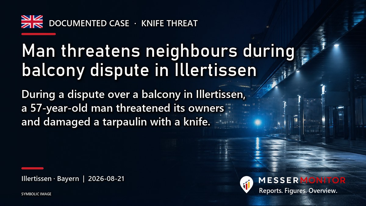 Title image: Man threatens neighbours during balcony dispute in Illertissen. During a dispute over a balcony in Illertissen, a 57-year-old man threatened its owners and damaged a tarpaulin with a knife..