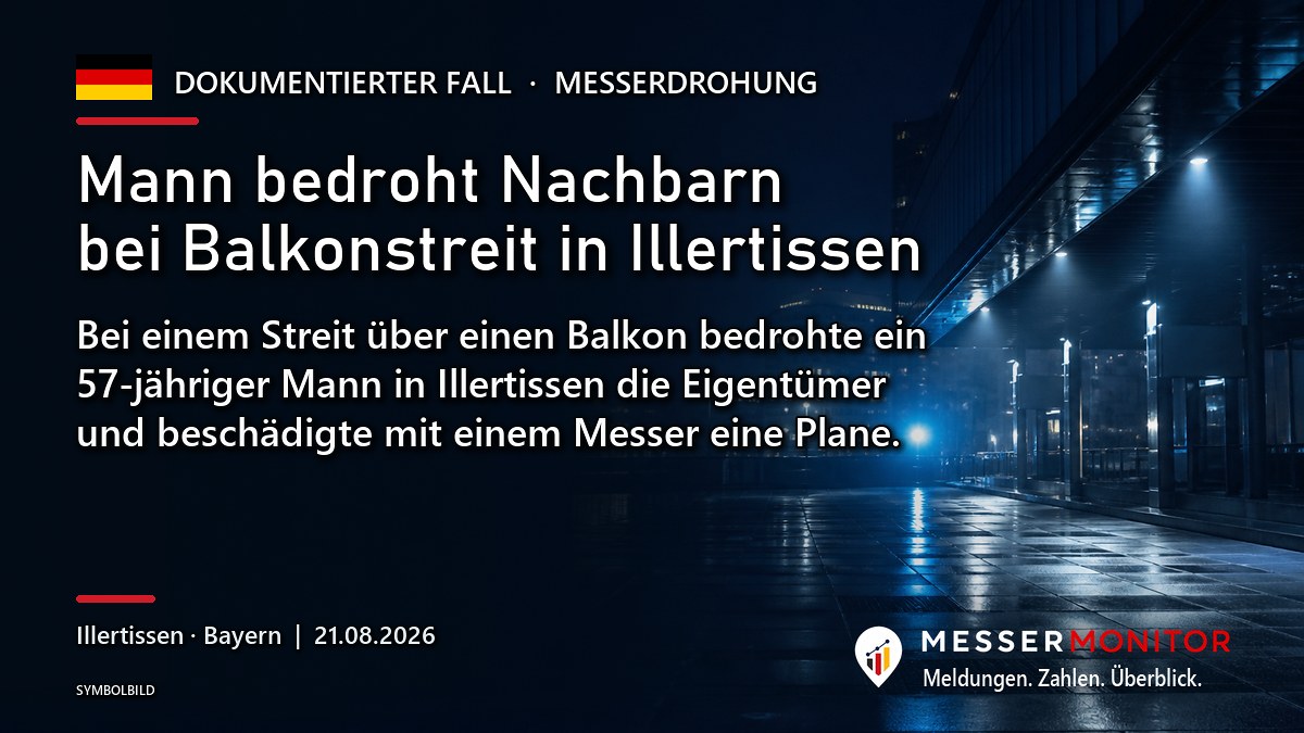 Titelgrafik: Mann bedroht Nachbarn bei Balkonstreit in Illertissen. Bei einem Streit über einen Balkon bedrohte ein 57-jähriger Mann in Illertissen die Eigentümer und beschädigte mit einem Messer eine Plane..