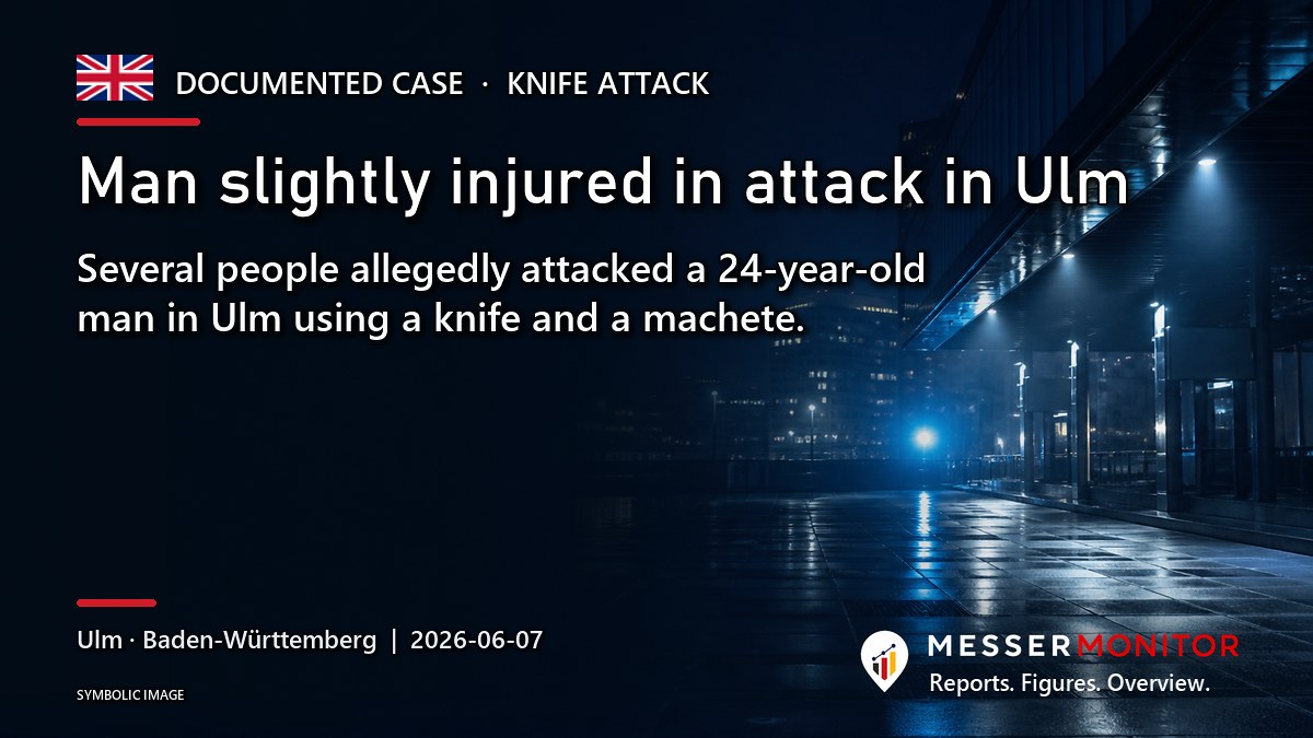 Title image: Man slightly injured in attack in Ulm. Several people allegedly attacked a 24-year-old man in Ulm using a knife and a machete..
