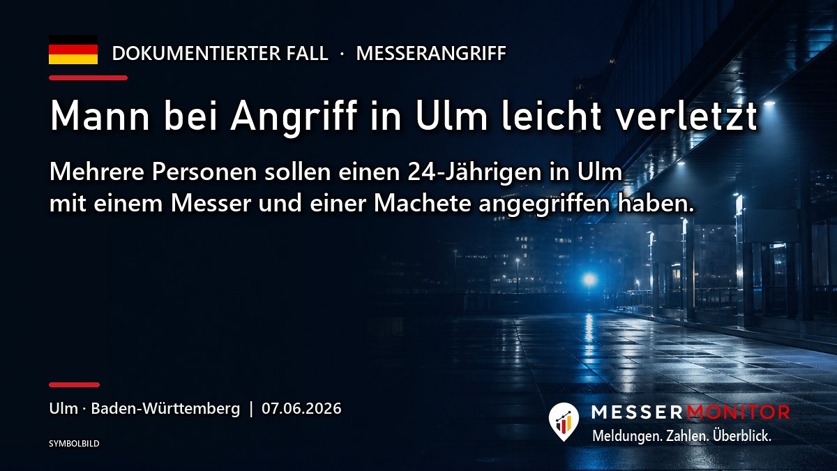 Titelgrafik: Mann bei Angriff in Ulm leicht verletzt. Mehrere Personen sollen einen 24-Jährigen in Ulm mit einem Messer und einer Machete angegriffen haben..