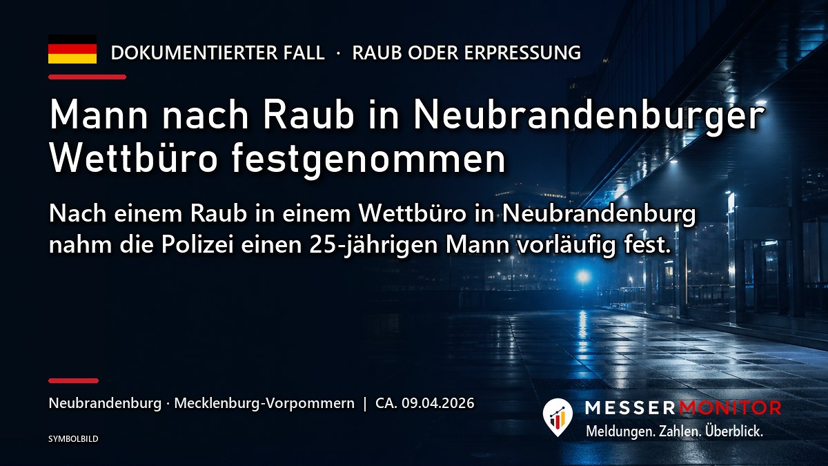 Titelgrafik: Mann nach Raub in Neubrandenburger Wettbüro festgenommen. Nach einem Raub in einem Wettbüro in Neubrandenburg nahm die Polizei einen 25-jährigen Mann vorläufig fest..