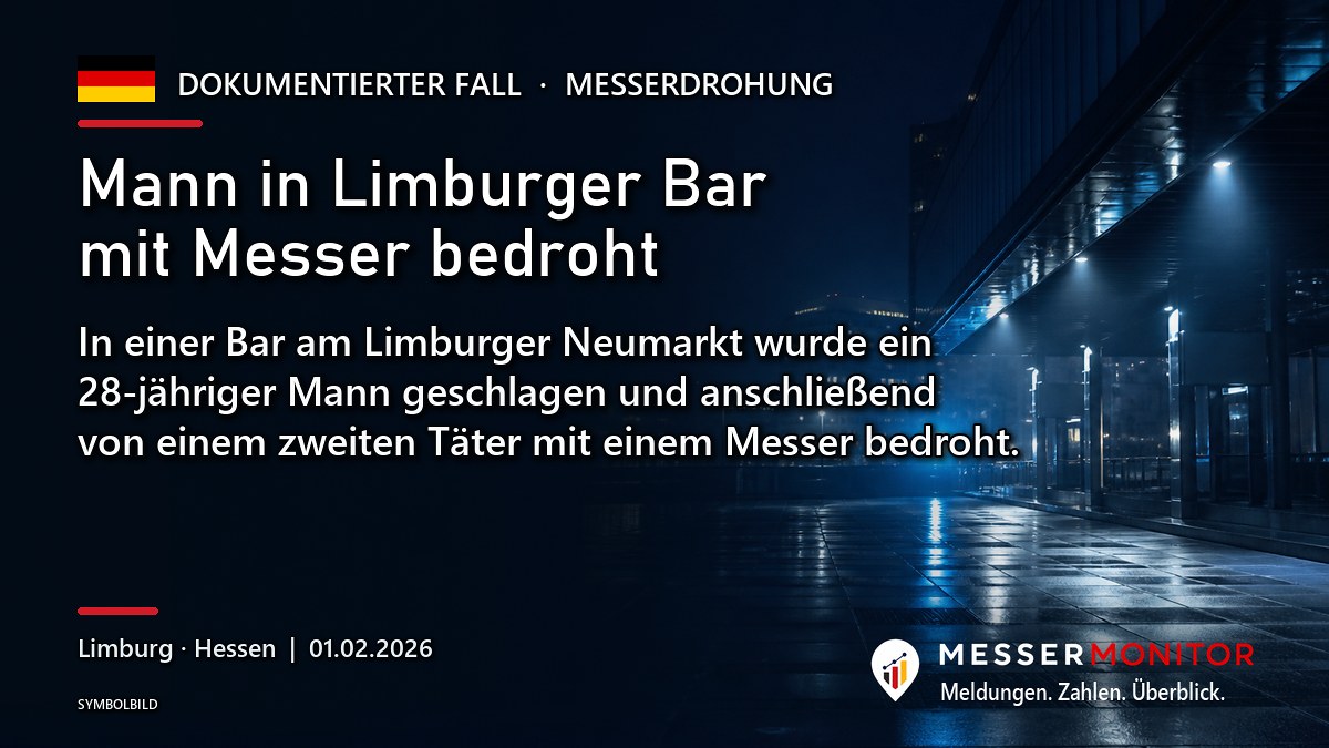 Titelgrafik: Mann in Limburger Bar mit Messer bedroht. In einer Bar am Limburger Neumarkt wurde ein 28-jähriger Mann geschlagen und anschließend von einem zweiten Täter mit einem Messer bedroht..