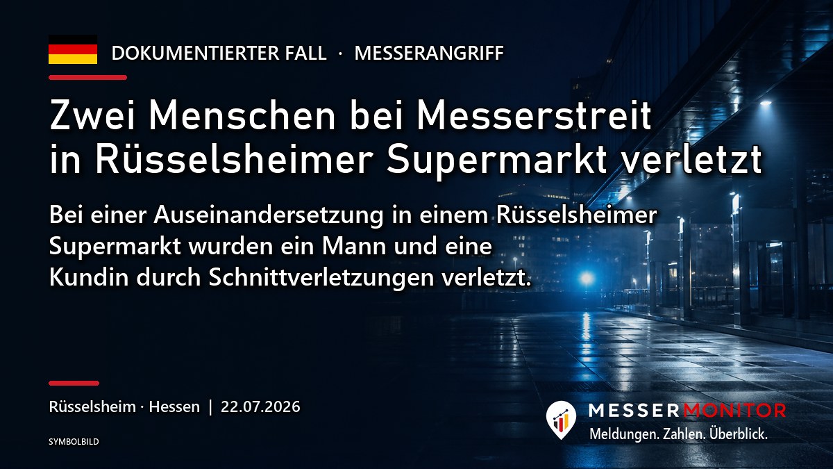 Titelgrafik: Zwei Menschen bei Messerstreit in Rüsselsheimer Supermarkt verletzt. Bei einer Auseinandersetzung in einem Rüsselsheimer Supermarkt wurden ein Mann und eine Kundin durch Schnittverletzungen verletzt..