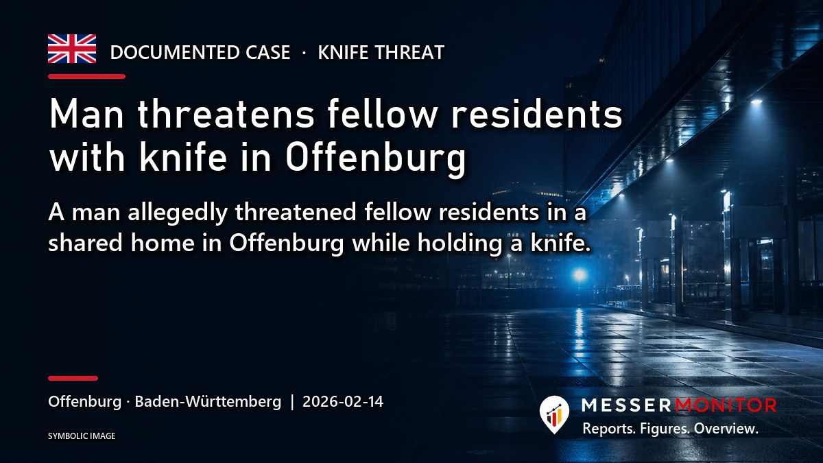 Title image: Man threatens fellow residents with knife in Offenburg. A man allegedly threatened fellow residents in a shared home in Offenburg while holding a knife..