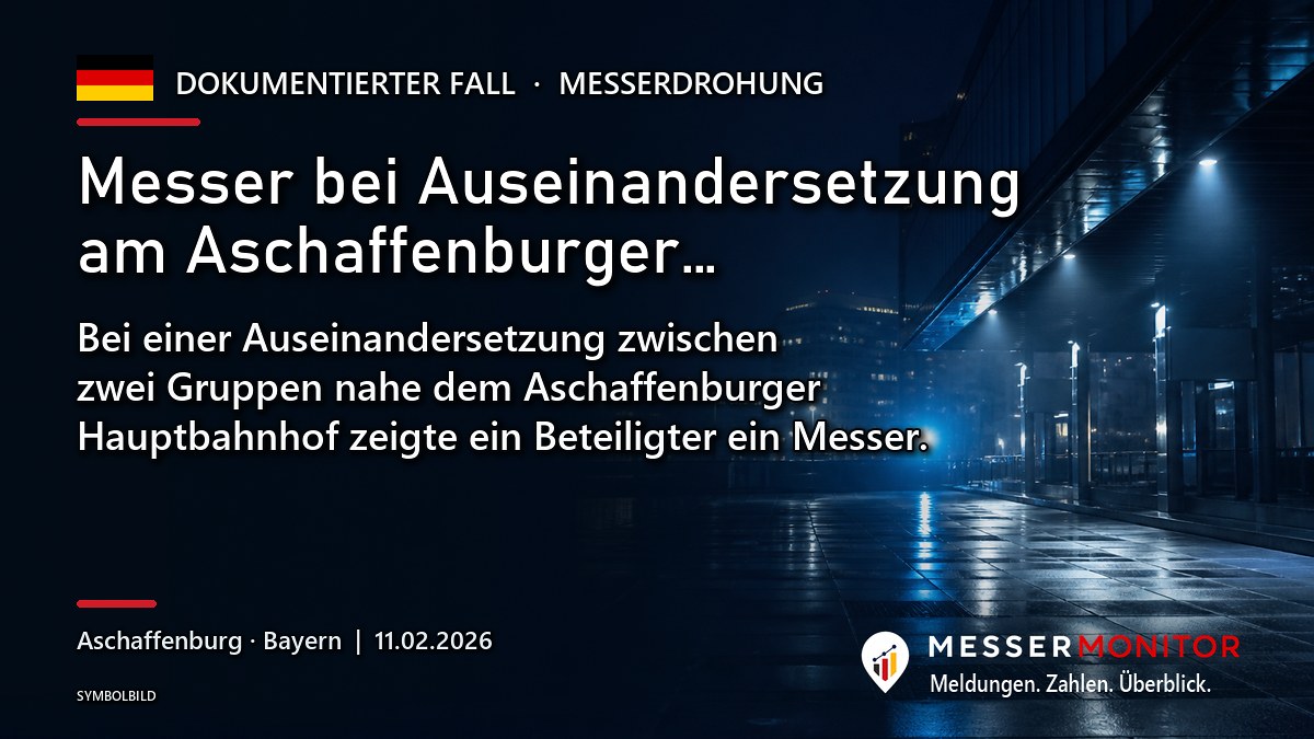 Titelgrafik: Messer bei Auseinandersetzung am Aschaffenburger…. Bei einer Auseinandersetzung zwischen zwei Gruppen nahe dem Aschaffenburger Hauptbahnhof zeigte ein Beteiligter ein Messer..