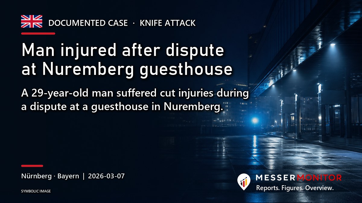 Title image: Man injured after dispute at Nuremberg guesthouse. A 29-year-old man suffered cut injuries during a dispute at a guesthouse in Nuremberg..