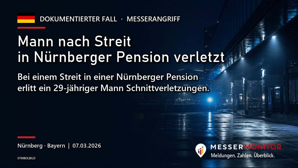 Titelgrafik: Mann nach Streit in Nürnberger Pension verletzt. Bei einem Streit in einer Nürnberger Pension erlitt ein 29-jähriger Mann Schnittverletzungen..