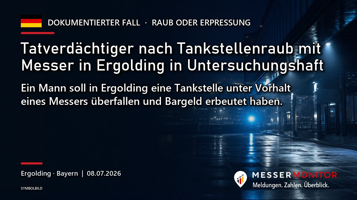 Titelgrafik: Tatverdächtiger nach Tankstellenraub mit Messer in Ergolding in Untersuchungshaft. Ein Mann soll in Ergolding eine Tankstelle unter Vorhalt eines Messers überfallen und Bargeld erbeutet haben..