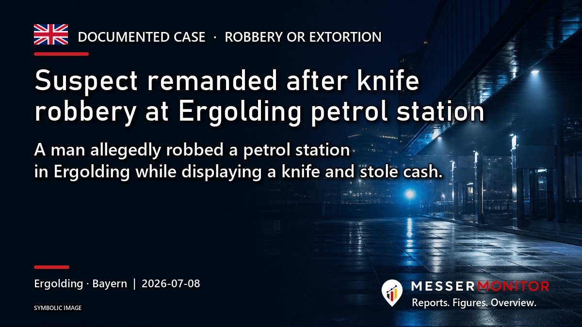 Title image: Suspect remanded after knife robbery at Ergolding petrol station. A man allegedly robbed a petrol station in Ergolding while displaying a knife and stole cash..