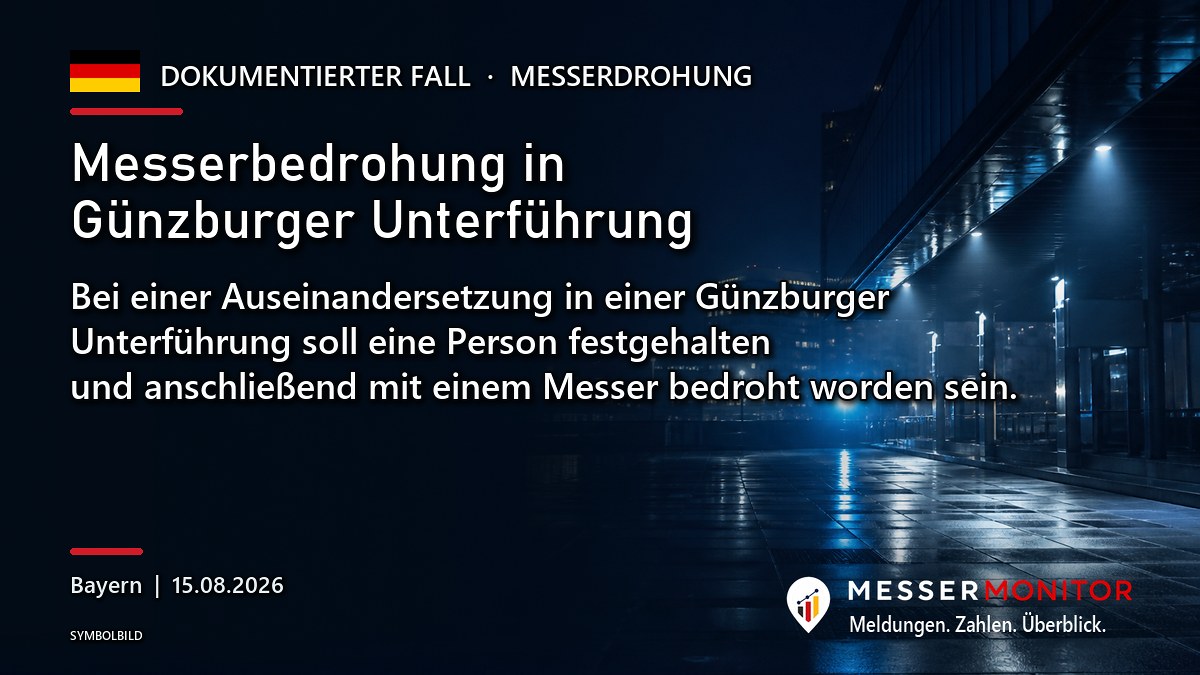Titelgrafik: Messerbedrohung in Günzburger Unterführung. Bei einer Auseinandersetzung in einer Günzburger Unterführung soll eine Person festgehalten und anschließend mit einem Messer bedroht worden sein..
