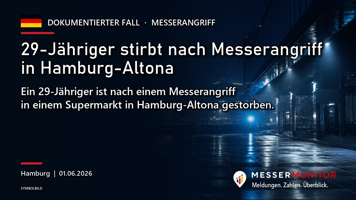 Titelgrafik: 29-Jähriger stirbt nach Messerangriff in Hamburg-Altona. Ein 29-Jähriger ist nach einem Messerangriff in einem Supermarkt in Hamburg-Altona gestorben..