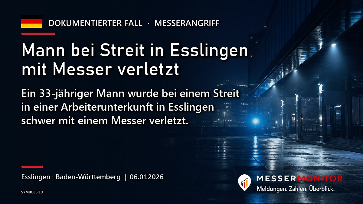 Titelgrafik: Mann bei Streit in Esslingen mit Messer verletzt. Ein 33-jähriger Mann wurde bei einem Streit in einer Arbeiterunterkunft in Esslingen schwer mit einem Messer verletzt..