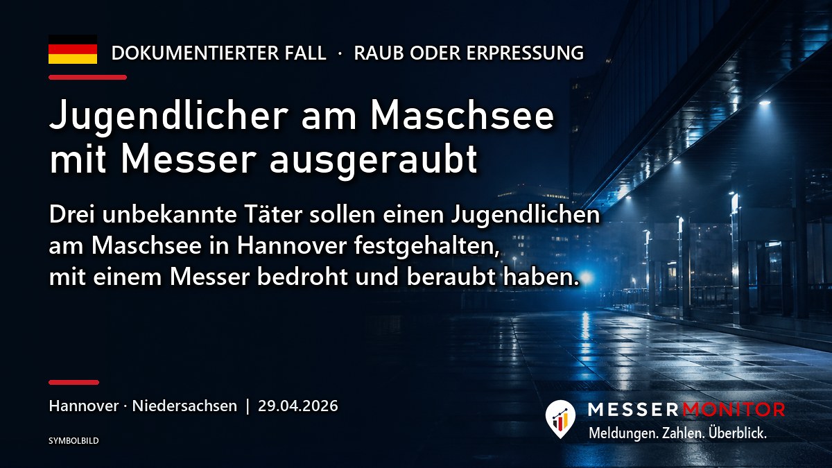 Titelgrafik: Jugendlicher am Maschsee mit Messer ausgeraubt. Drei unbekannte Täter sollen einen Jugendlichen am Maschsee in Hannover festgehalten, mit einem Messer bedroht und beraubt haben..