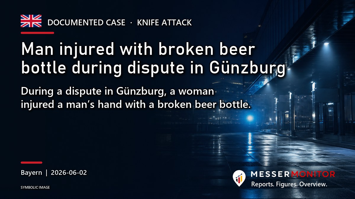 Title image: Man injured with broken beer bottle during dispute in Günzburg. During a dispute in Günzburg, a woman injured a man’s hand with a broken beer bottle..