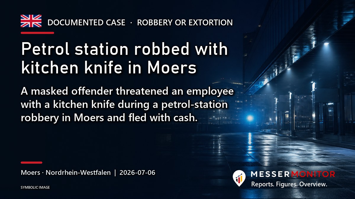 Title image: Petrol station robbed with kitchen knife in Moers. A masked offender threatened an employee with a kitchen knife during a petrol-station robbery in Moers and fled with cash..