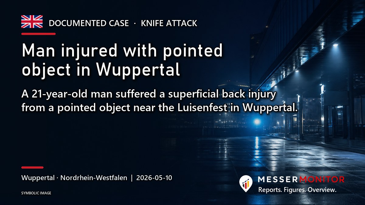 Title image: Man injured with pointed object in Wuppertal. A 21-year-old man suffered a superficial back injury from a pointed object near the Luisenfest in Wuppertal..