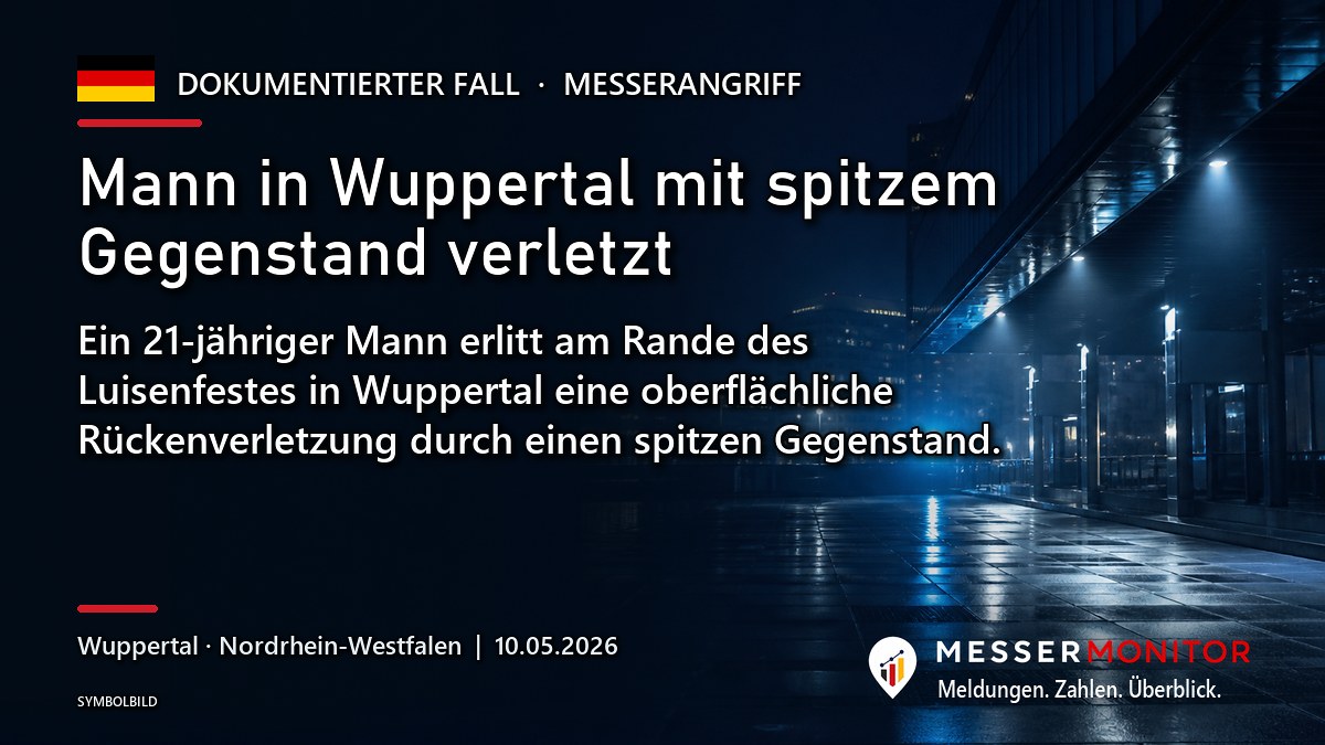 Titelgrafik: Mann in Wuppertal mit spitzem Gegenstand verletzt. Ein 21-jähriger Mann erlitt am Rande des Luisenfestes in Wuppertal eine oberflächliche Rückenverletzung durch einen spitzen Gegenstand..