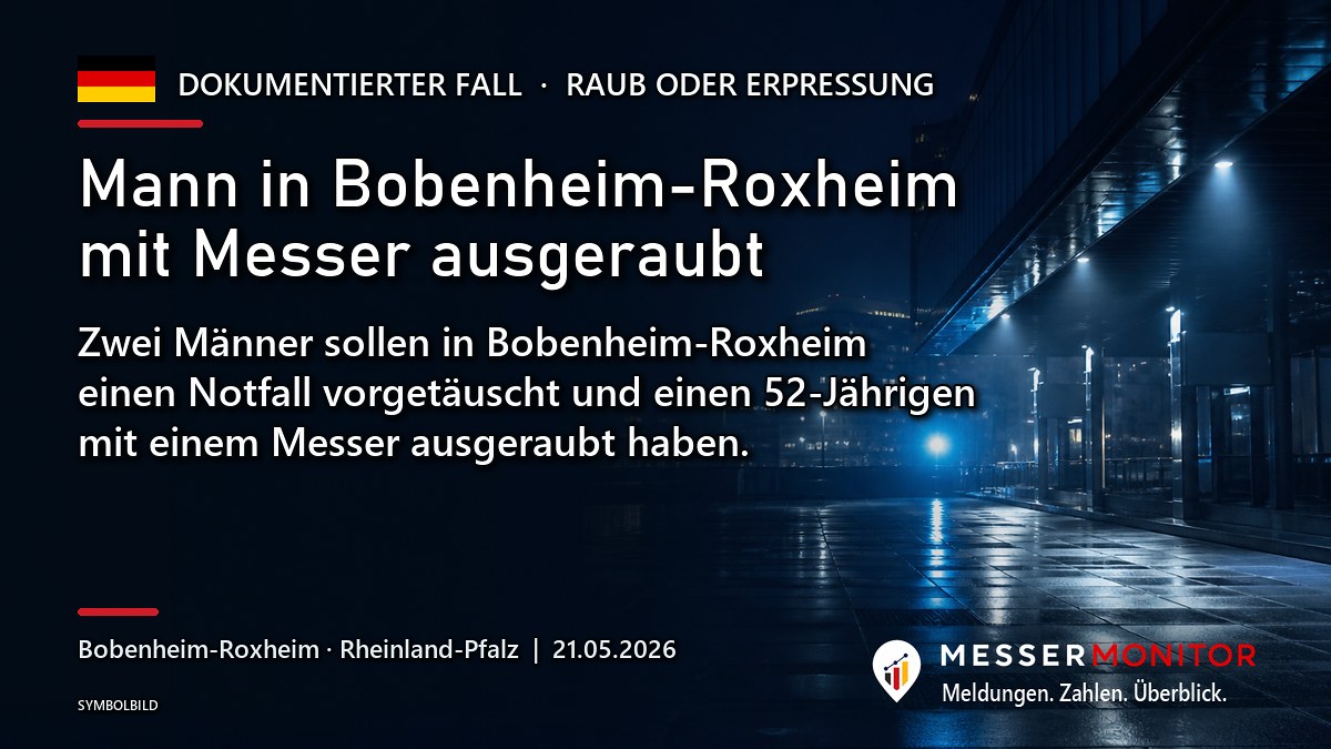 Titelgrafik: Mann in Bobenheim-Roxheim mit Messer ausgeraubt. Zwei Männer sollen in Bobenheim-Roxheim einen Notfall vorgetäuscht und einen 52-Jährigen mit einem Messer ausgeraubt haben..