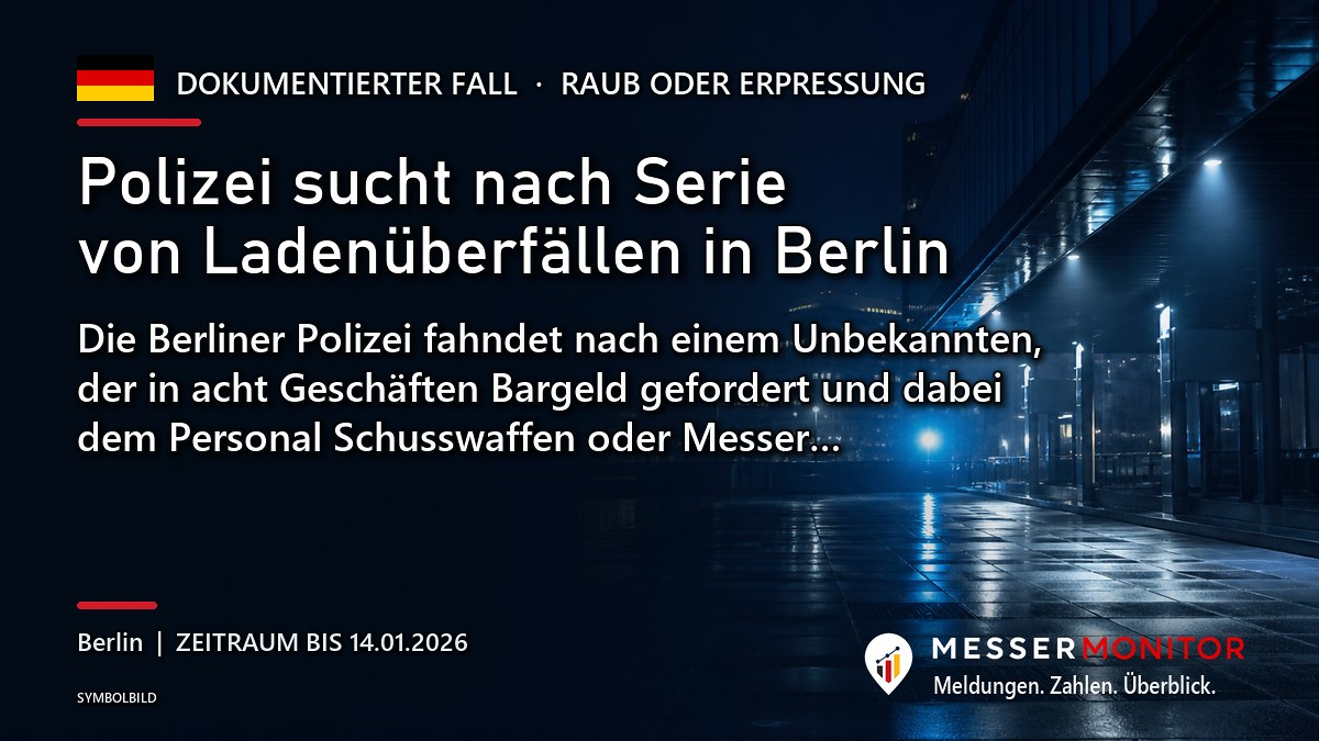 Titelgrafik: Polizei sucht nach Serie von Ladenüberfällen in Berlin. Die Berliner Polizei fahndet nach einem Unbekannten, der in acht Geschäften Bargeld gefordert und dabei dem Personal Schusswaffen oder Messer….