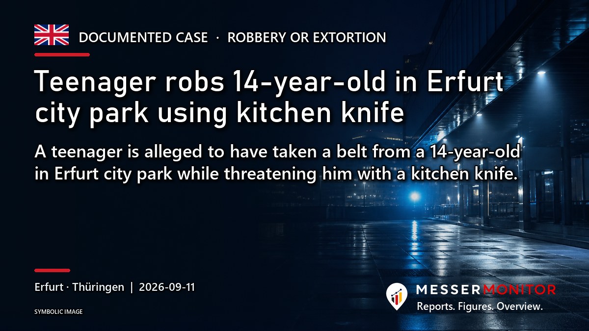 Title image: Teenager robs 14-year-old in Erfurt city park using kitchen knife. A teenager is alleged to have taken a belt from a 14-year-old in Erfurt city park while threatening him with a kitchen knife.