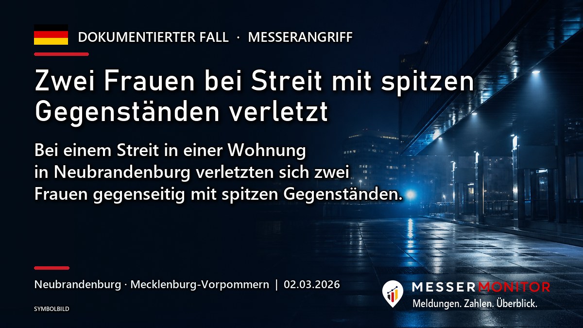 Titelgrafik: Zwei Frauen bei Streit mit spitzen Gegenständen verletzt. Bei einem Streit in einer Wohnung in Neubrandenburg verletzten sich zwei Frauen gegenseitig mit spitzen Gegenständen..