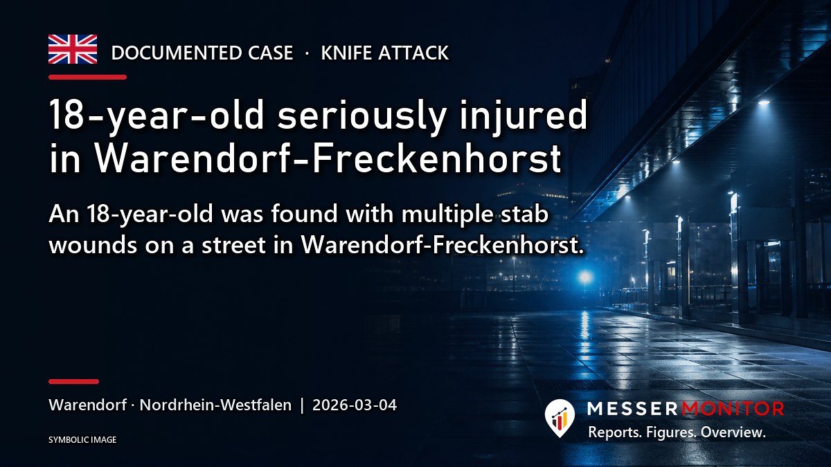 Title image: 18-year-old seriously injured in Warendorf-Freckenhorst. An 18-year-old was found with multiple stab wounds on a street in Warendorf-Freckenhorst..