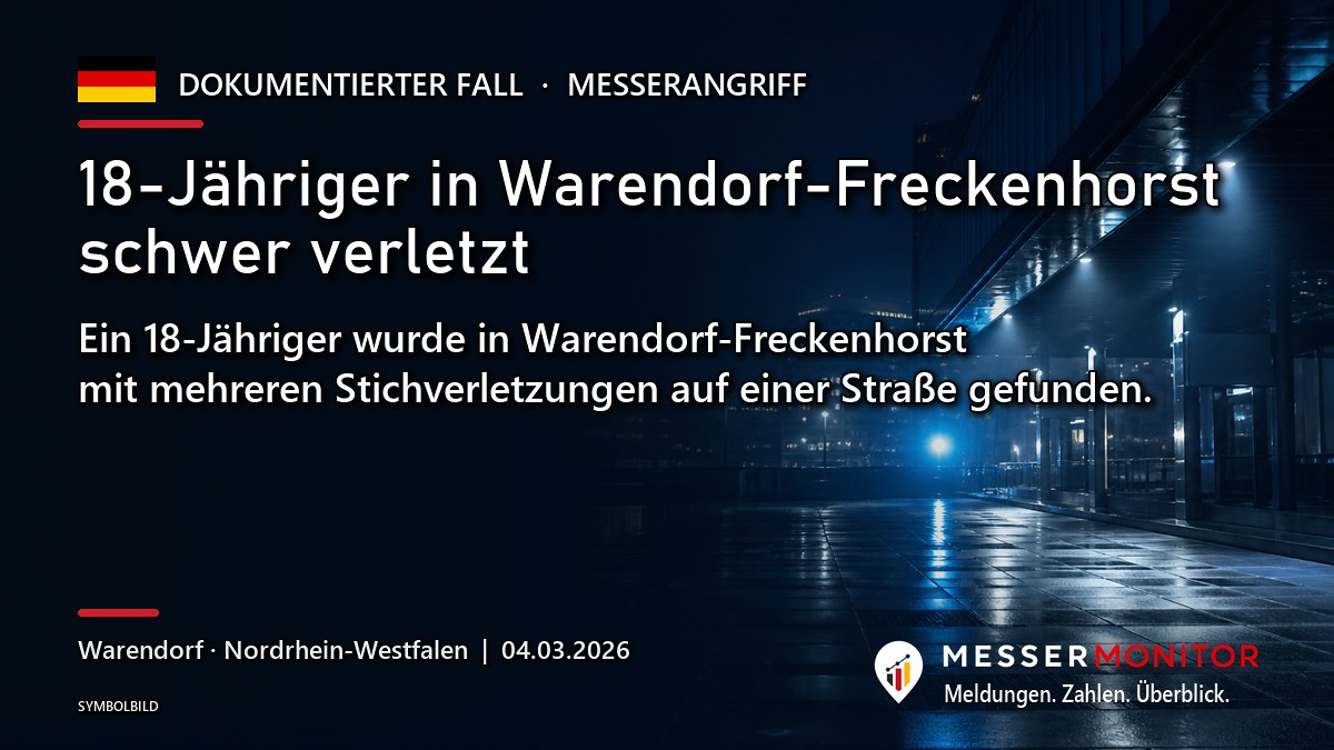 Titelgrafik: 18-Jähriger in Warendorf-Freckenhorst schwer verletzt. Ein 18-Jähriger wurde in Warendorf-Freckenhorst mit mehreren Stichverletzungen auf einer Straße gefunden..