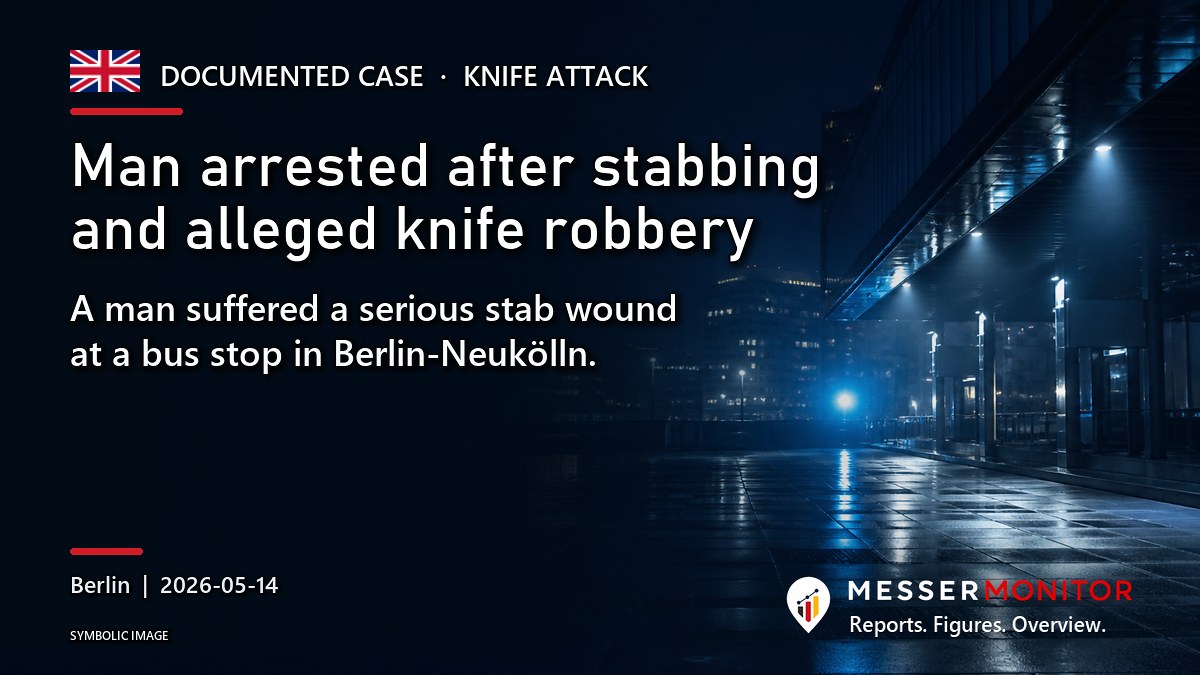 Title image: Man arrested after stabbing and alleged knife robbery. A man suffered a serious stab wound at a bus stop in Berlin-Neukölln..