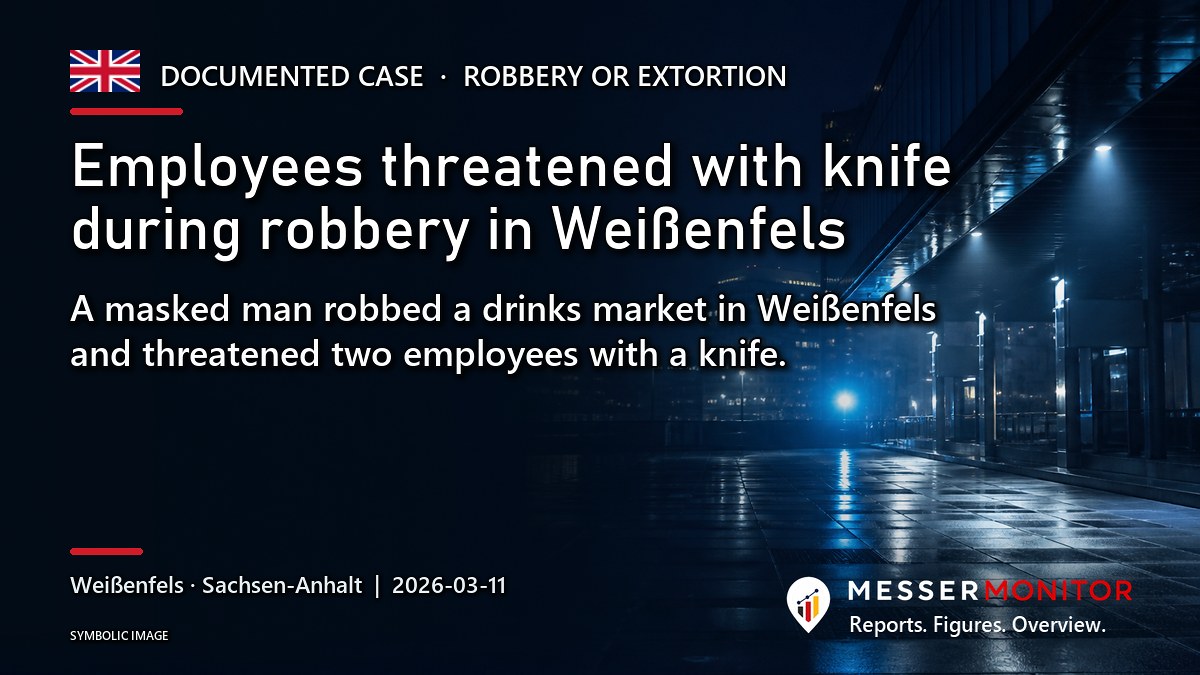 Title image: Employees threatened with knife during robbery in Weißenfels. A masked man robbed a drinks market in Weißenfels and threatened two employees with a knife..
