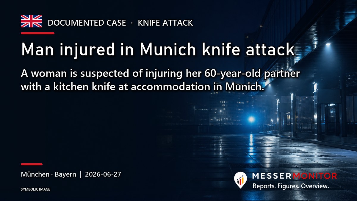 Title image: Man injured in Munich knife attack. A woman is suspected of injuring her 60-year-old partner with a kitchen knife at accommodation in Munich..