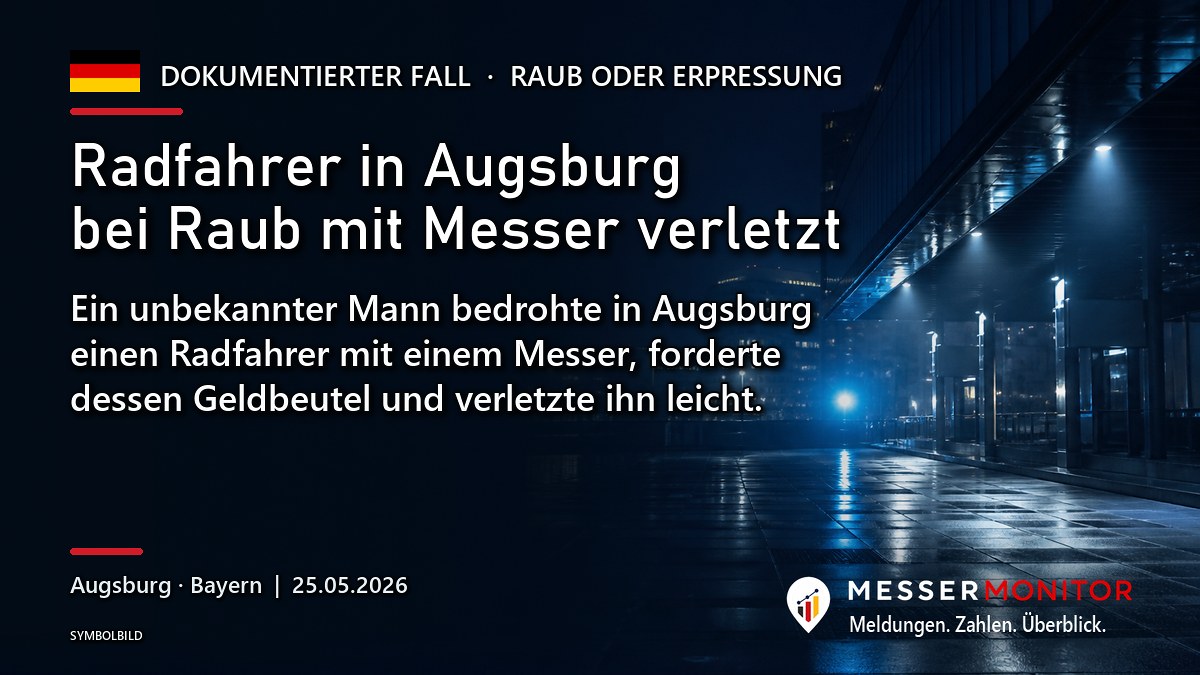 Titelgrafik: Radfahrer in Augsburg bei Raub mit Messer verletzt. Ein unbekannter Mann bedrohte in Augsburg einen Radfahrer mit einem Messer, forderte dessen Geldbeutel und verletzte ihn leicht..