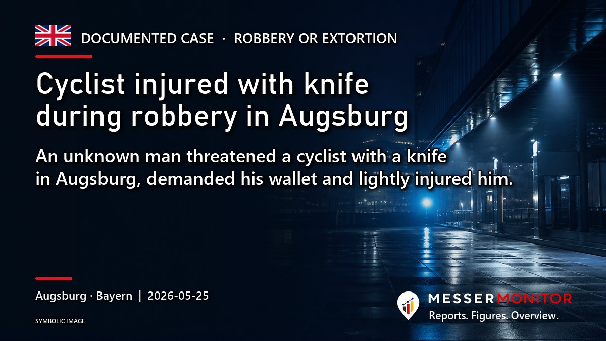 Title image: Cyclist injured with knife during robbery in Augsburg. An unknown man threatened a cyclist with a knife in Augsburg, demanded his wallet and lightly injured him..