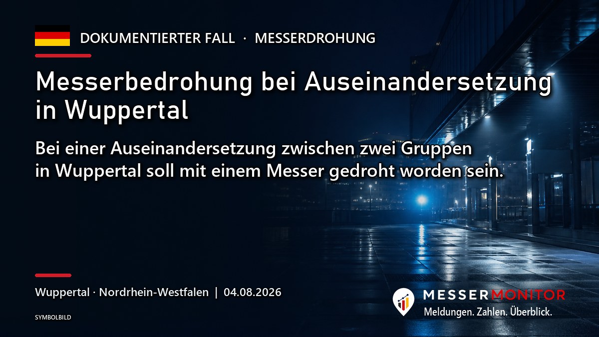 Titelgrafik: Messerbedrohung bei Auseinandersetzung in Wuppertal. Bei einer Auseinandersetzung zwischen zwei Gruppen in Wuppertal soll mit einem Messer gedroht worden sein..