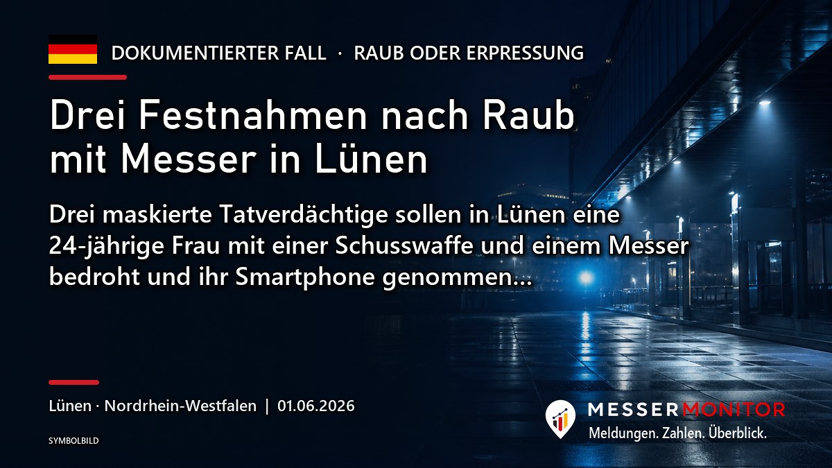 Titelgrafik: Drei Festnahmen nach Raub mit Messer in Lünen. Drei maskierte Tatverdächtige sollen in Lünen eine 24-jährige Frau mit einer Schusswaffe und einem Messer bedroht und ihr Smartphone genommen….