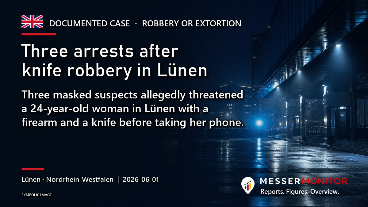 Title image: Three arrests after knife robbery in Lünen. Three masked suspects allegedly threatened a 24-year-old woman in Lünen with a firearm and a knife before taking her phone..