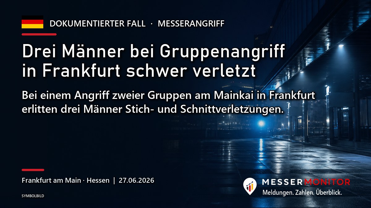 Titelgrafik: Drei Männer bei Gruppenangriff in Frankfurt schwer verletzt. Bei einem Angriff zweier Gruppen am Mainkai in Frankfurt erlitten drei Männer Stich- und Schnittverletzungen..