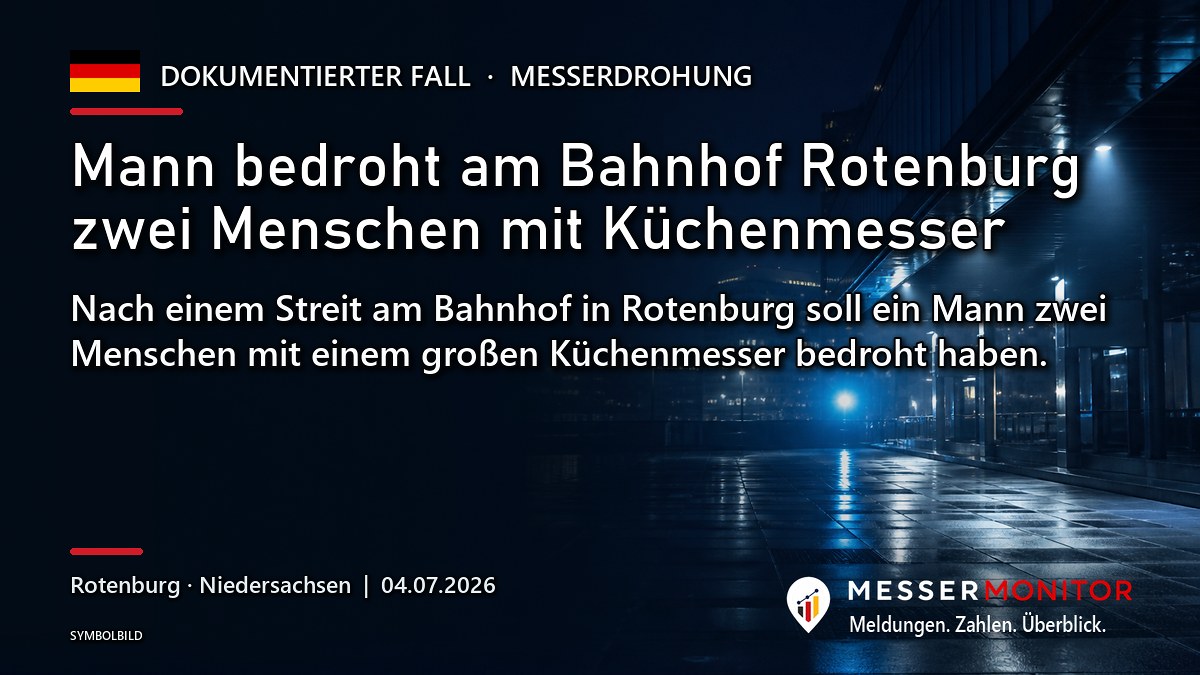 Titelgrafik: Mann bedroht am Bahnhof Rotenburg zwei Menschen mit Küchenmesser. Nach einem Streit am Bahnhof in Rotenburg soll ein Mann zwei Menschen mit einem großen Küchenmesser bedroht haben..