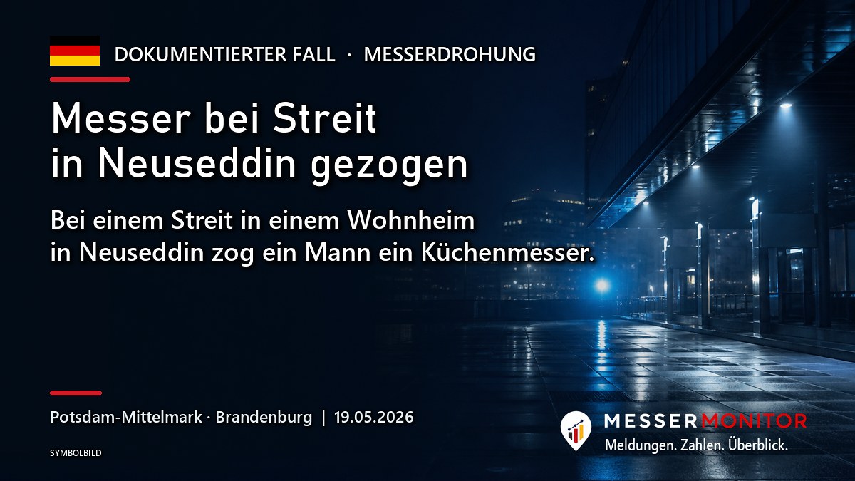 Titelgrafik: Messer bei Streit in Neuseddin gezogen. Bei einem Streit in einem Wohnheim in Neuseddin zog ein Mann ein Küchenmesser..