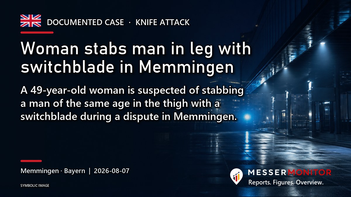 Title image: Woman stabs man in leg with switchblade in Memmingen. A 49-year-old woman is suspected of stabbing a man of the same age in the thigh with a switchblade during a dispute in Memmingen..