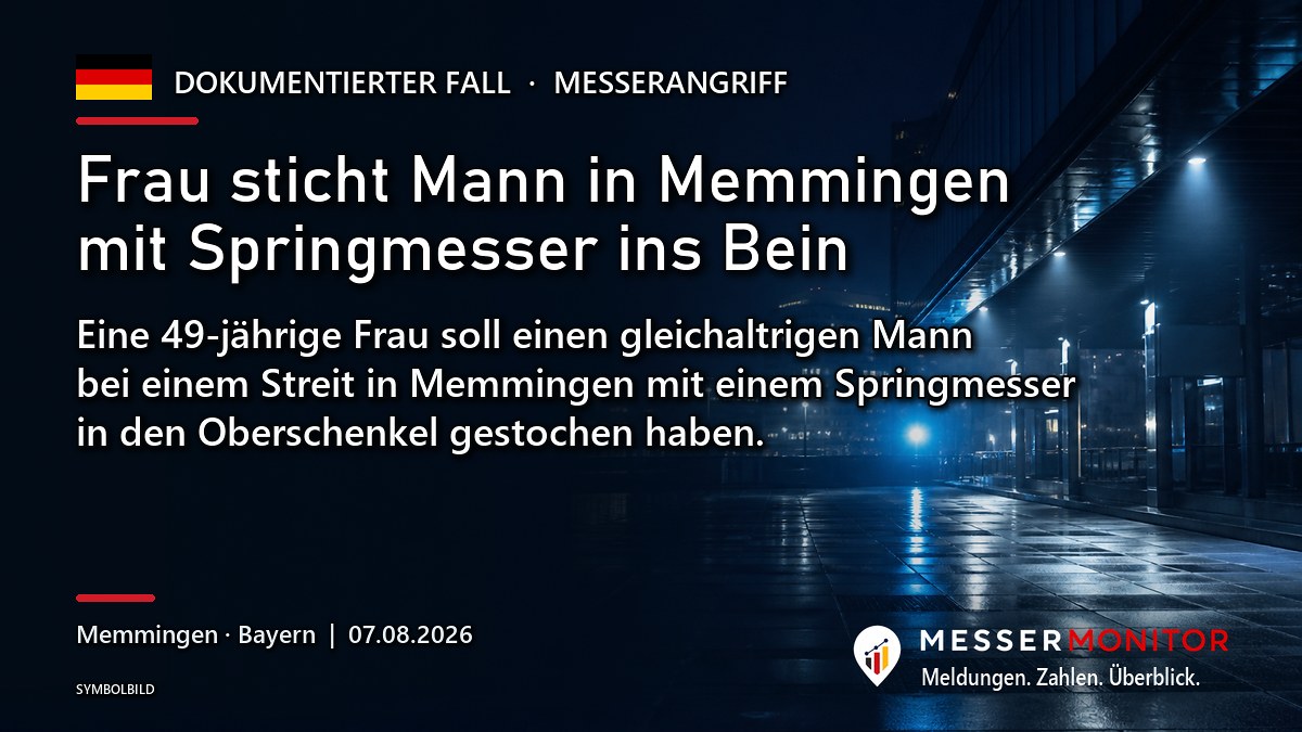 Titelgrafik: Frau sticht Mann in Memmingen mit Springmesser ins Bein. Eine 49-jährige Frau soll einen gleichaltrigen Mann bei einem Streit in Memmingen mit einem Springmesser in den Oberschenkel gestochen haben..