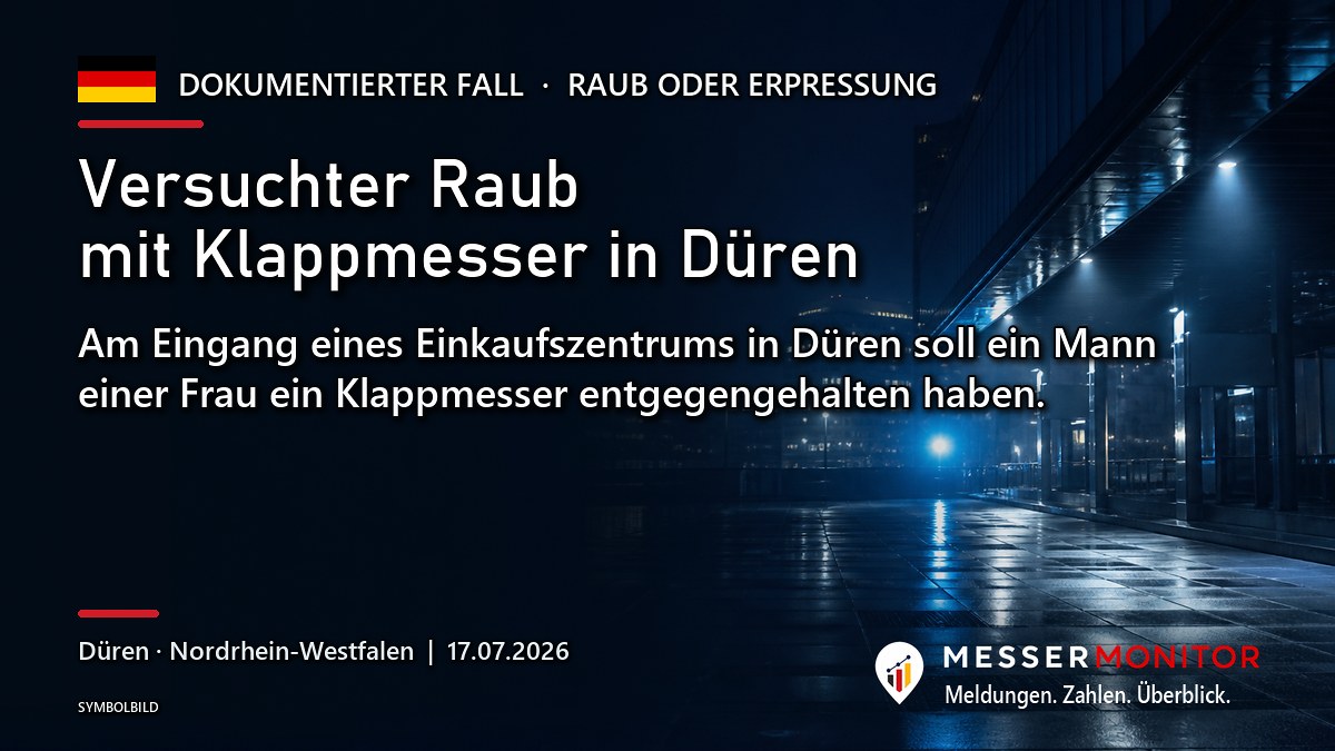 Titelgrafik: Versuchter Raub mit Klappmesser in Düren. Am Eingang eines Einkaufszentrums in Düren soll ein Mann einer Frau ein Klappmesser entgegengehalten haben..