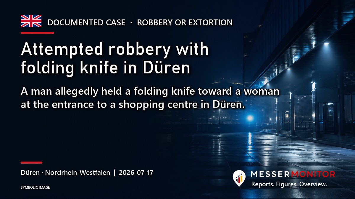 Title image: Attempted robbery with folding knife in Düren. A man allegedly held a folding knife toward a woman at the entrance to a shopping centre in Düren..